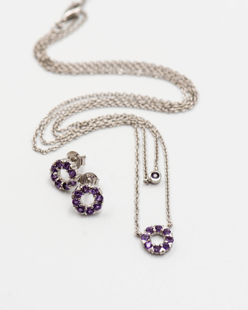 126 Set Chain and Earring Elegant silver round earrings and chain set, featuring a combination round pendant with February amethyst stones.