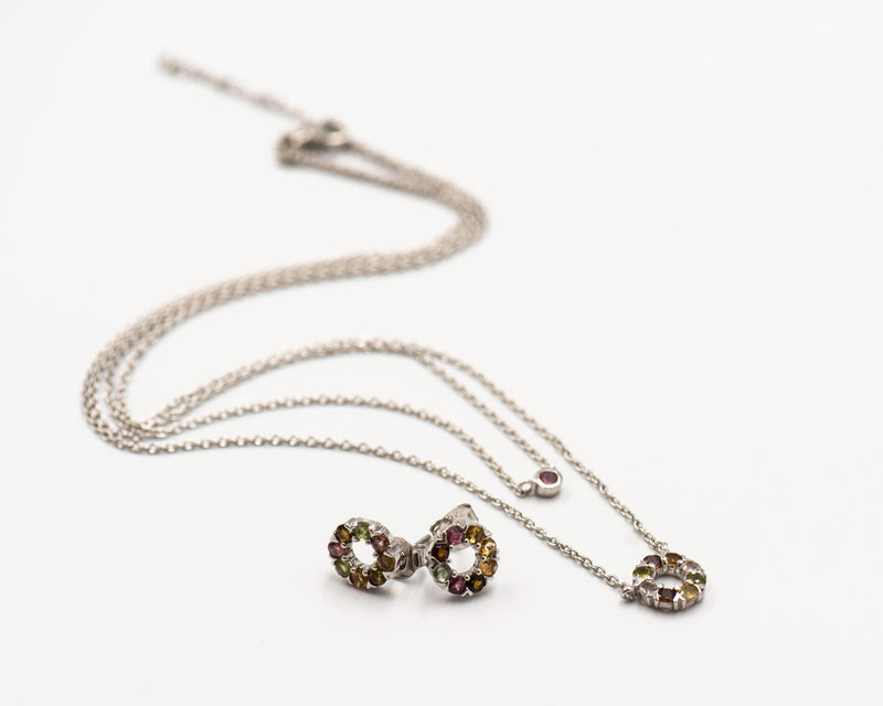 137 Elegant silver round earrings and chain set, featuring a combination round pendant with multi-colored tourmaline stones.