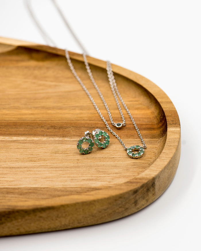 132 Elegant silver round earrings and chain set, featuring a combination round pendant with August peridot stones.