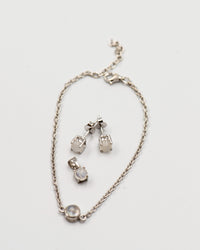 145 "Elegant silver 3-piece set, featuring round earrings with 50mm June rainbow moonstone stones, a matching pendant, and a bracelet with rainbow moonstone stones