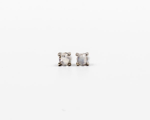 115 Earring Elegant silver 3mm stud earrings featuring a Rainbow April moonstone birthstone.