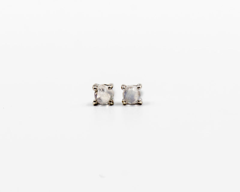 115 Earring Elegant silver 3mm stud earrings featuring a Rainbow April moonstone birthstone.