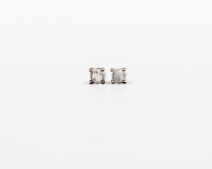 115 Earring Elegant silver 3mm stud earrings featuring a Rainbow April moonstone birthstone.